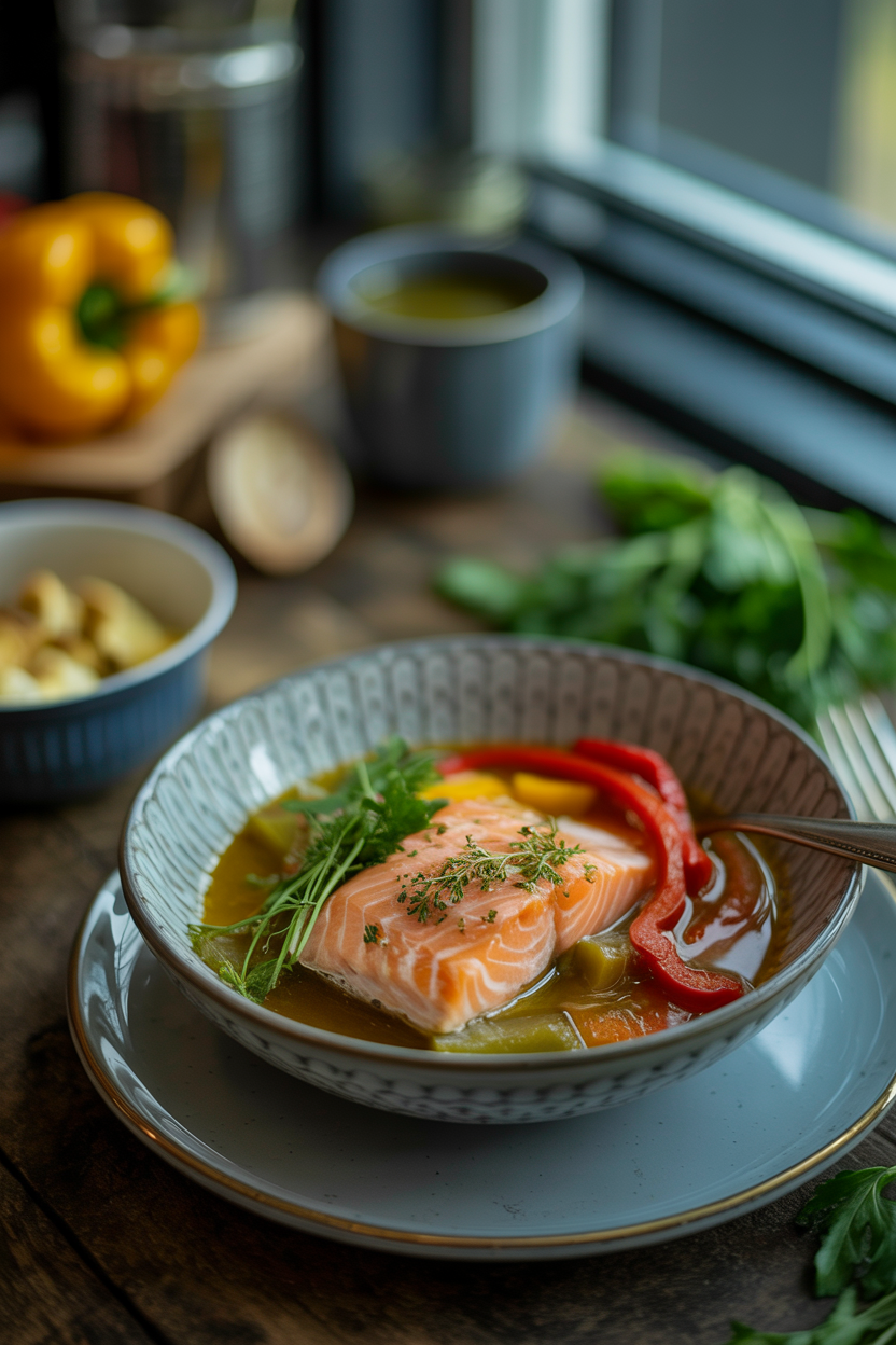 Gut protocol of salmon, bone broth and bell pepper