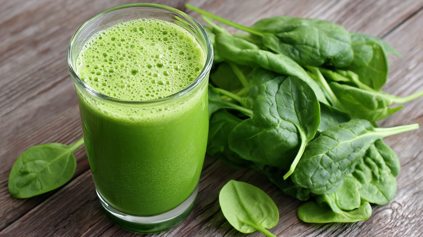Spinach juice and leaves