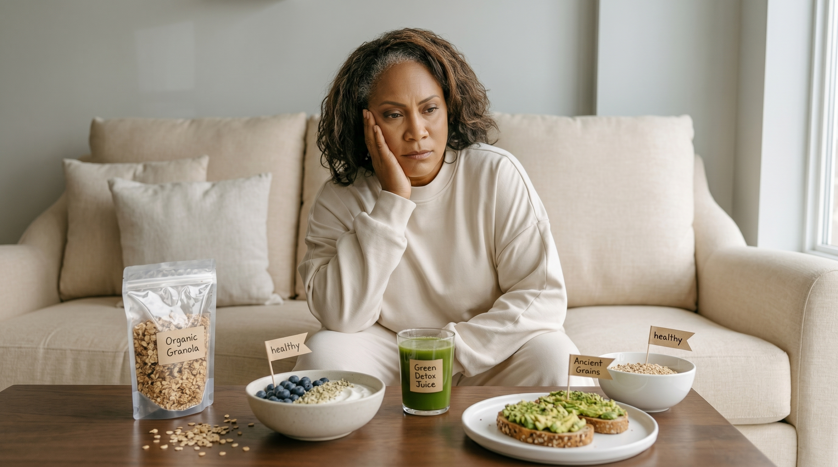 Woman looking at all the healthy food around her