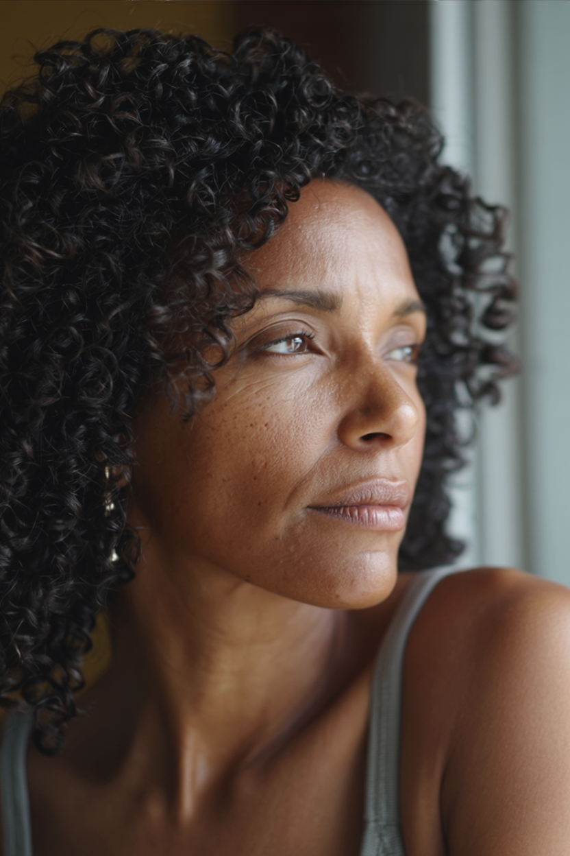 Woman looking into the distance thinking
