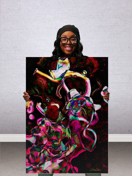 Dr. Stacey Denise holding her artwork Dysregulated