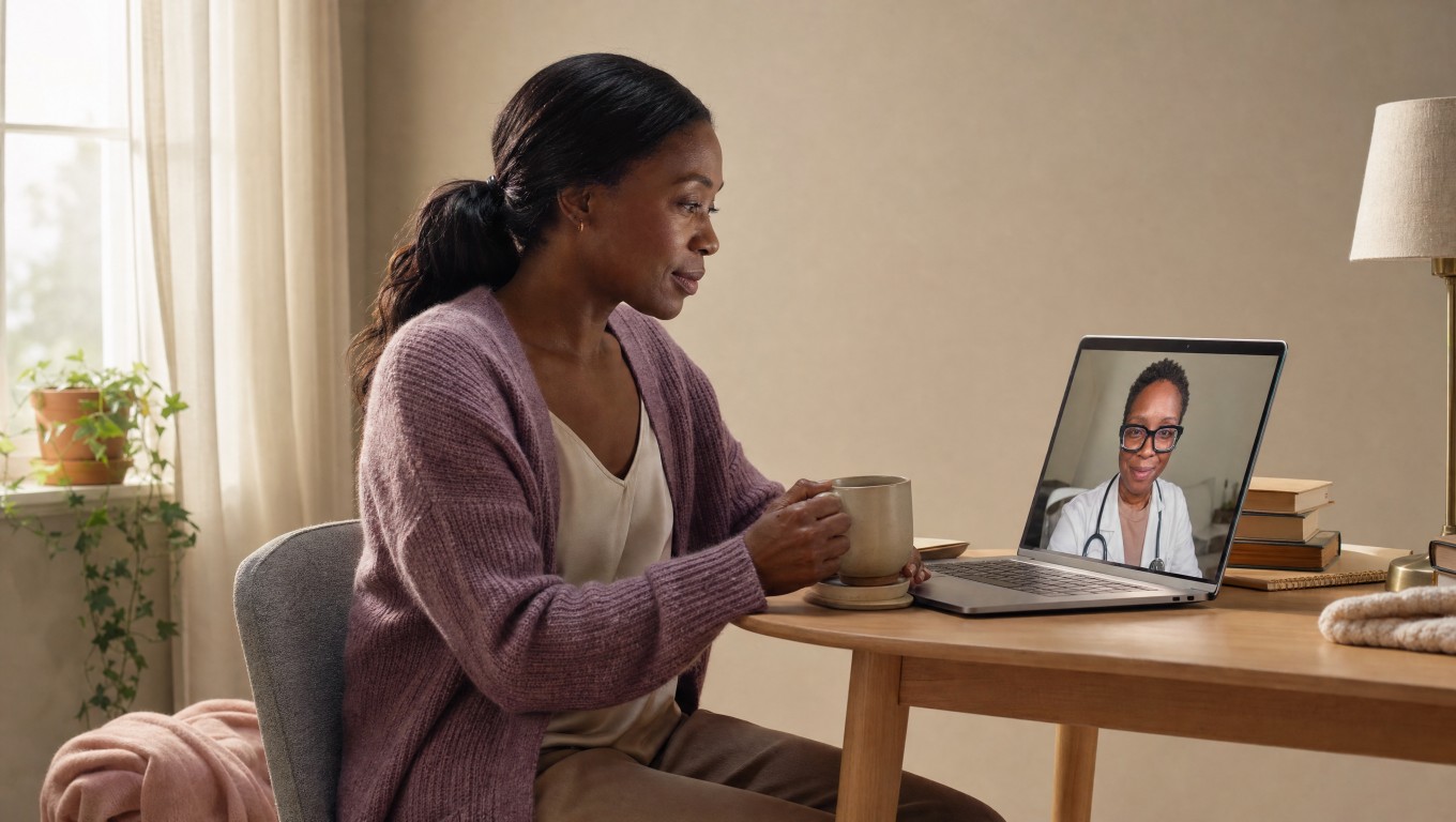 Two women in a telehealth menopause care consultation