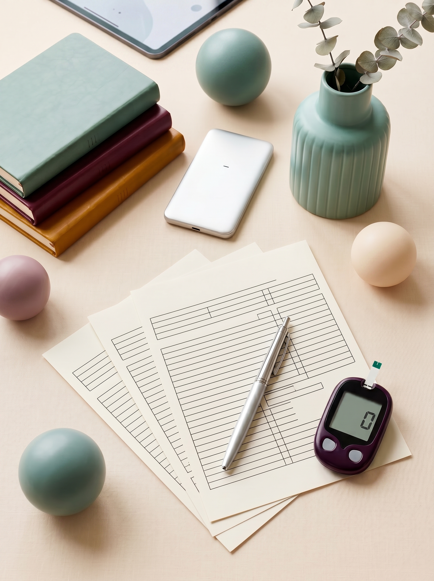 Sophisticated medical lifestyle image showing wellness tools and tracking