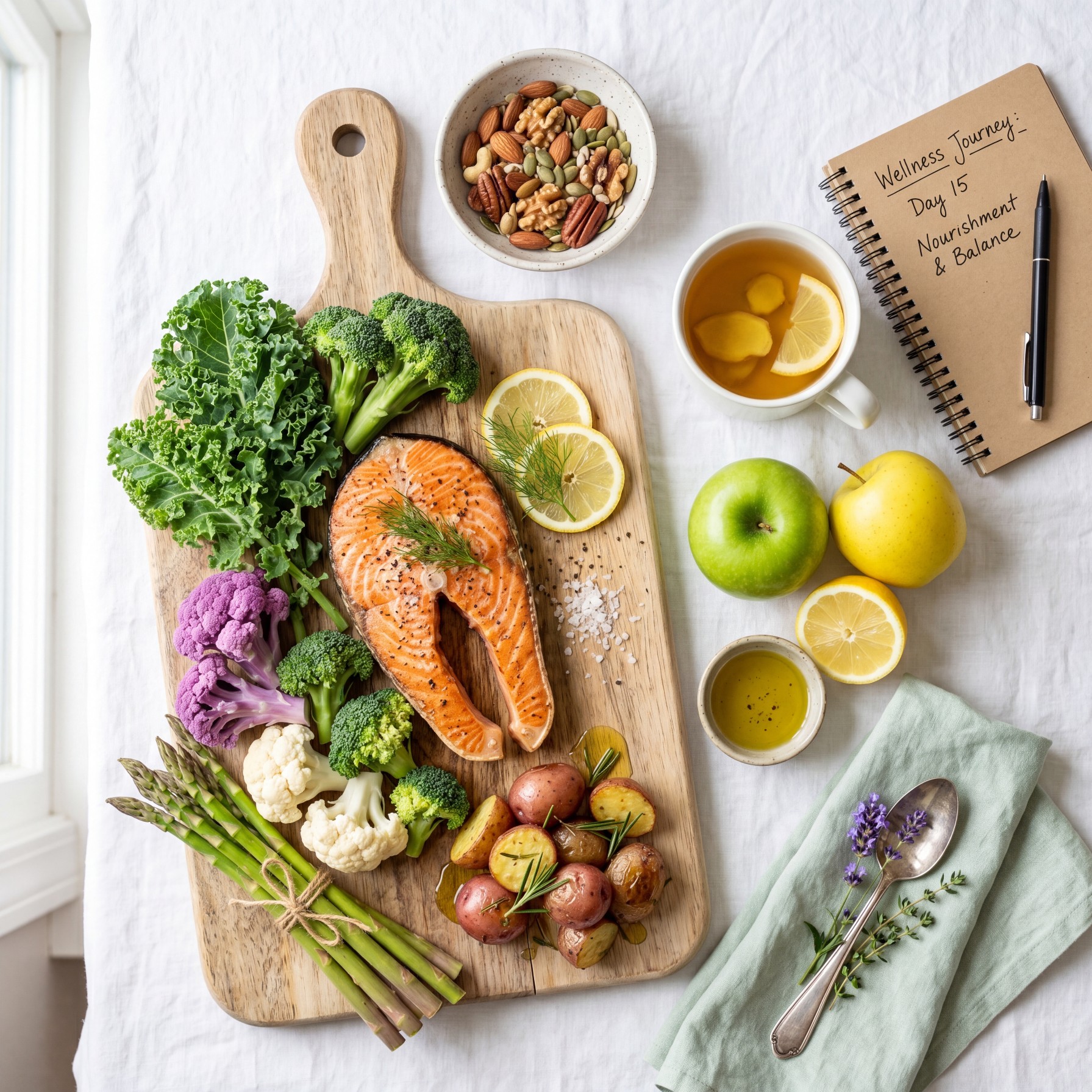 Nourishment and food lifestyle image showing salmon, greens and wellness journal for metabolic planning