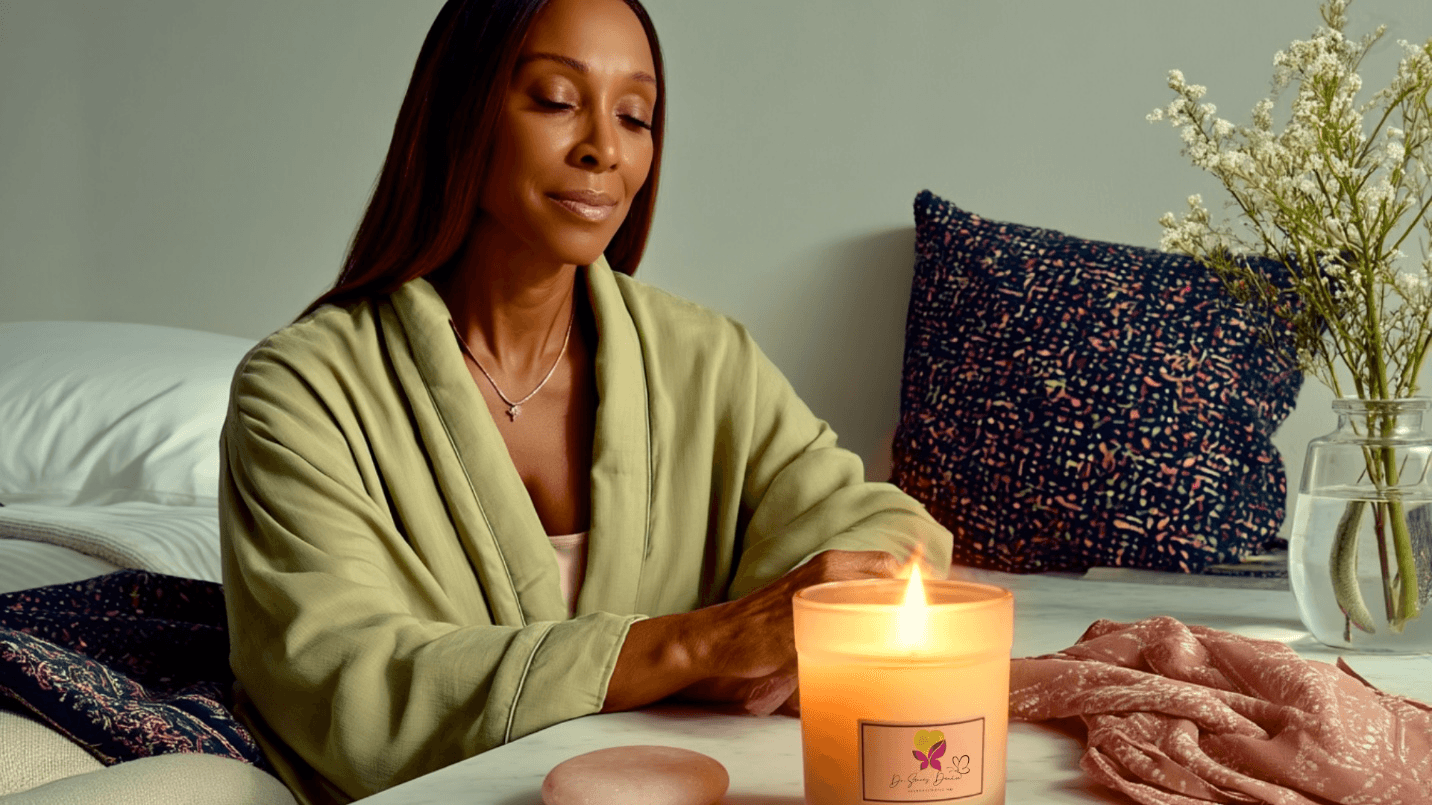 Woman in green robe with candle in a calm bedroom setting, integration and rest