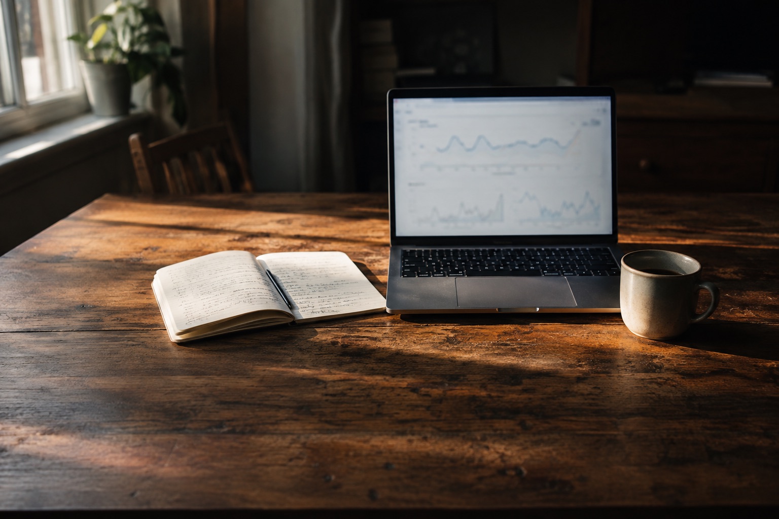A desk with a laptop showing a performance dashboard, notebook and coffee.