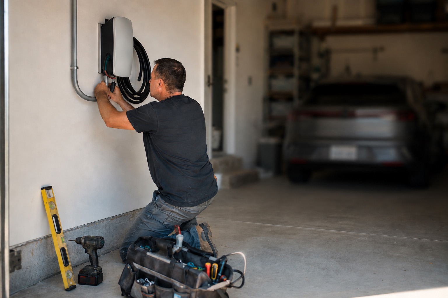 An electrician installing an EV charger on a garage wall.