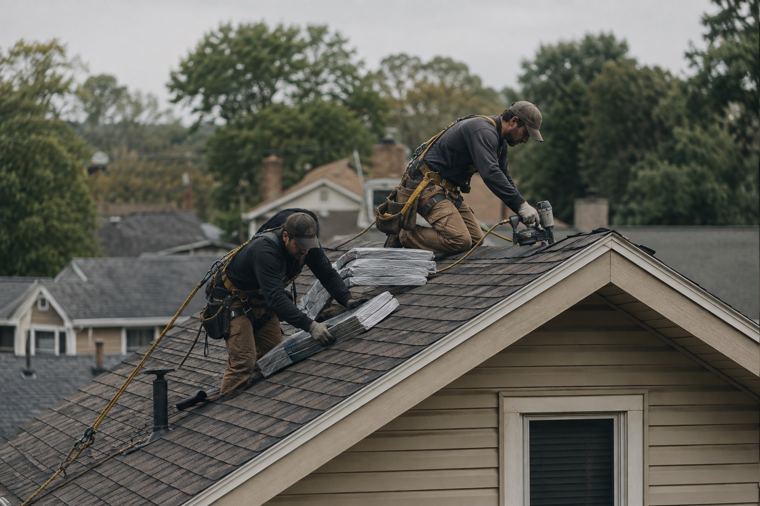 A roofing crew working on the roof of a suburban house.