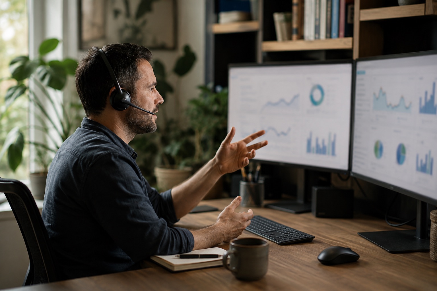A marketing strategist working at a two-monitor desk, wearing a headset.