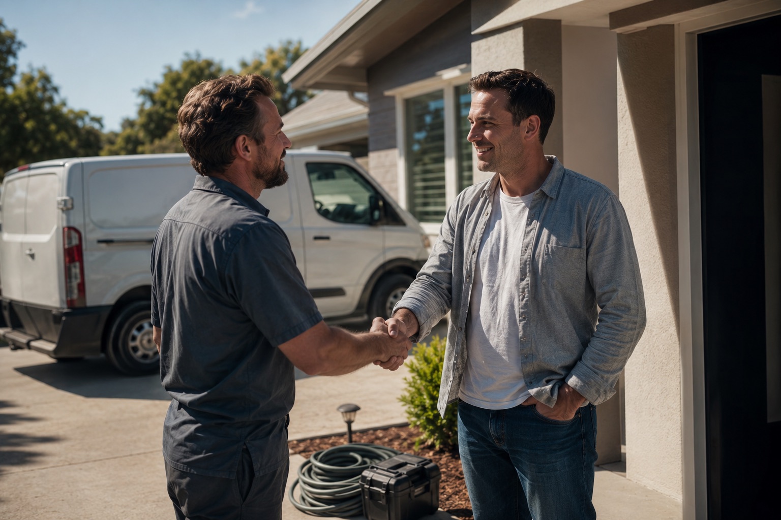 A contractor shaking hands with a homeowner on a finished driveway.