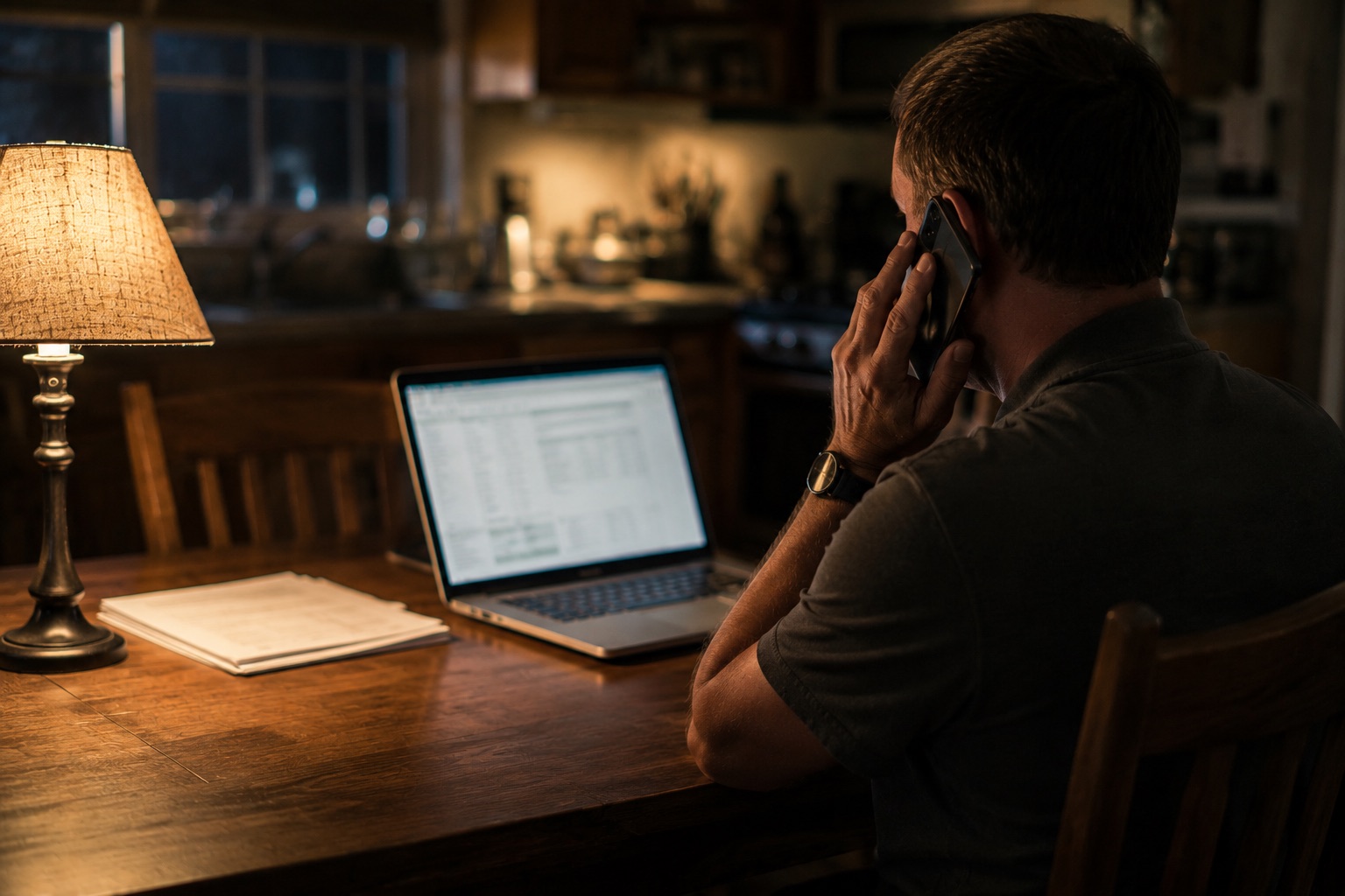 A man at a kitchen table at night, laptop open on an invoice, phone to his ear.