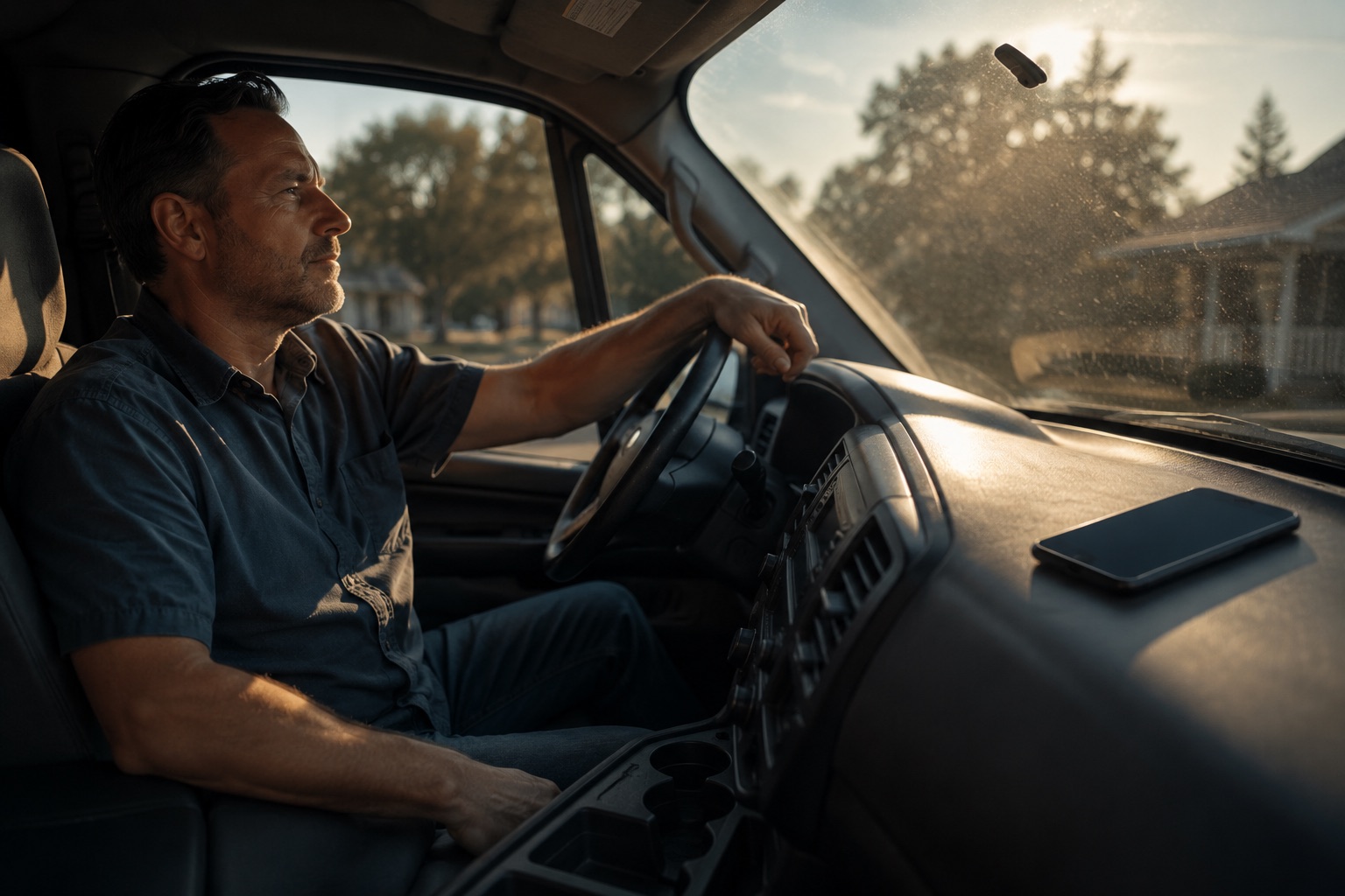 A business owner sitting in his parked work van, phone face-down and dark on the dashboard.