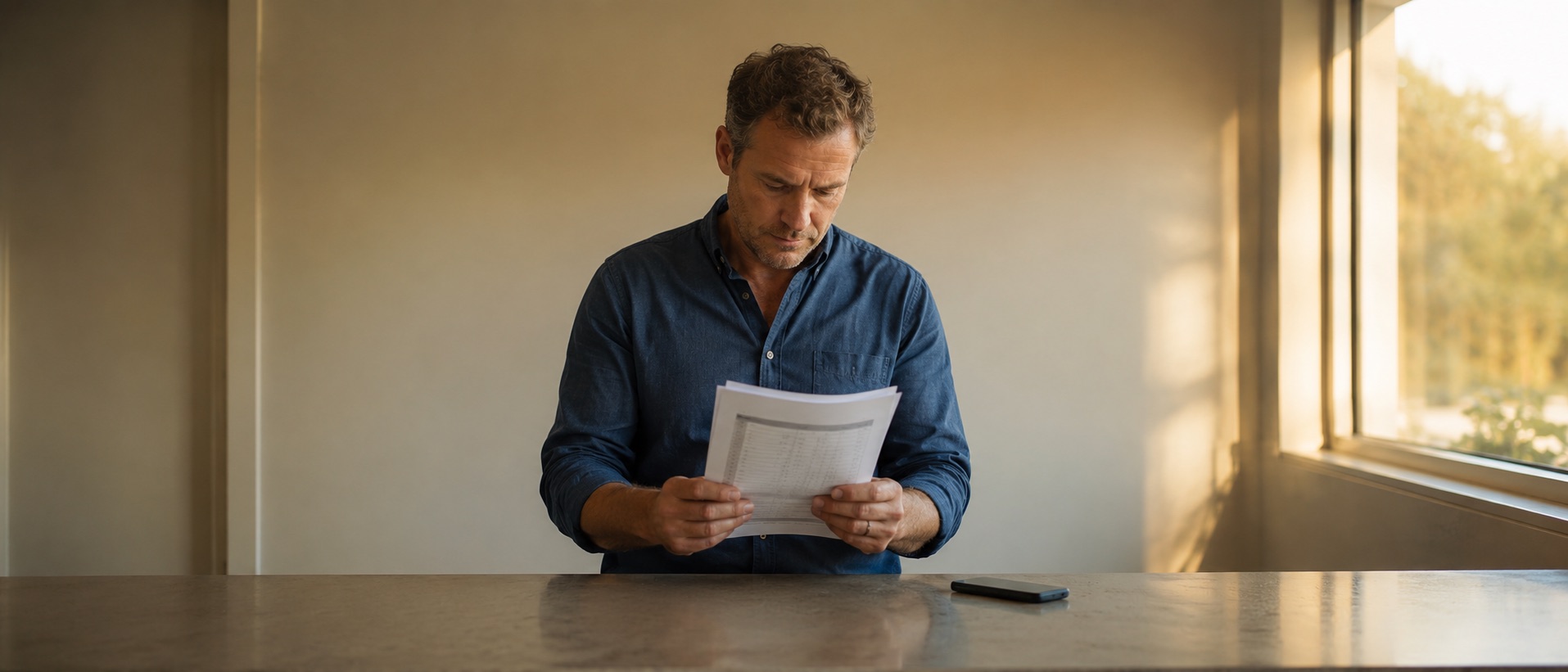 A business owner standing at a counter in an empty room, reading a short printed report held in both hands, phone set face-down beside them.