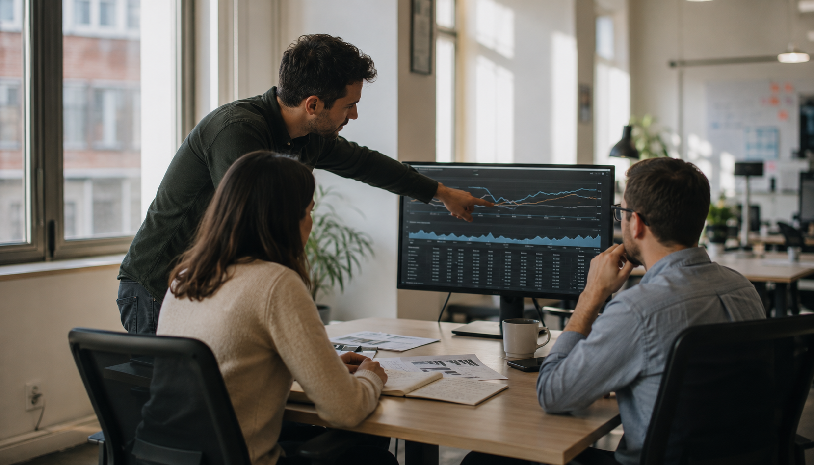 Three colleagues at a desk in an office, one standing and pointing at a performance dashboard on a monitor while the other two look on.