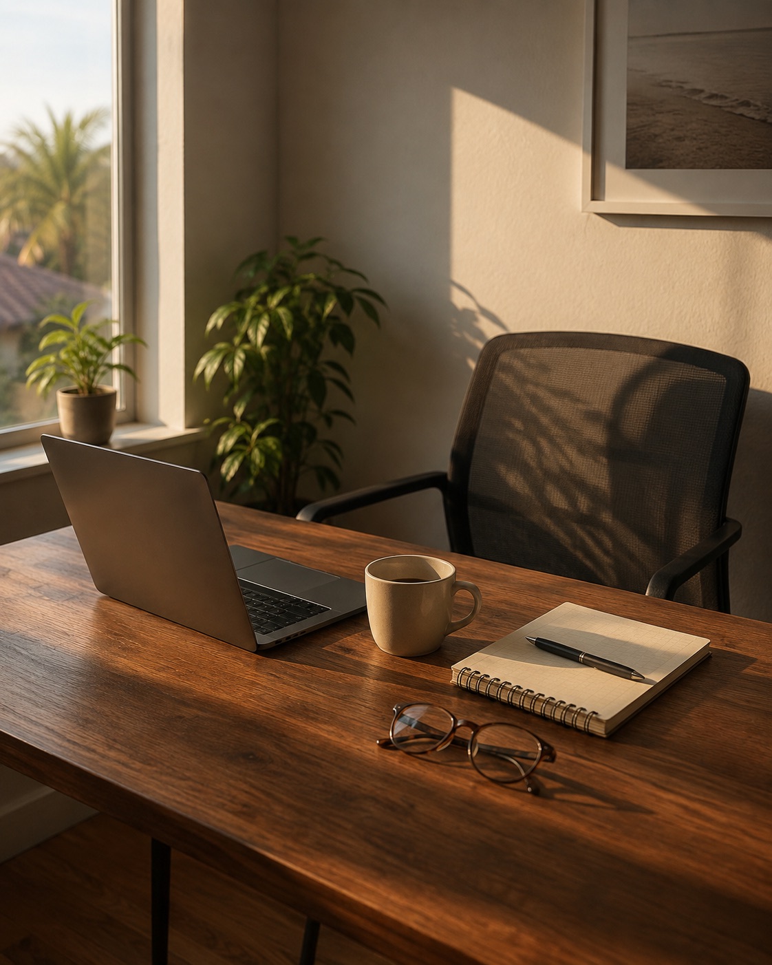 A wooden desk in late afternoon light: a laptop angled away, a notebook and pen, a coffee cup and reading glasses, with a chair pushed back