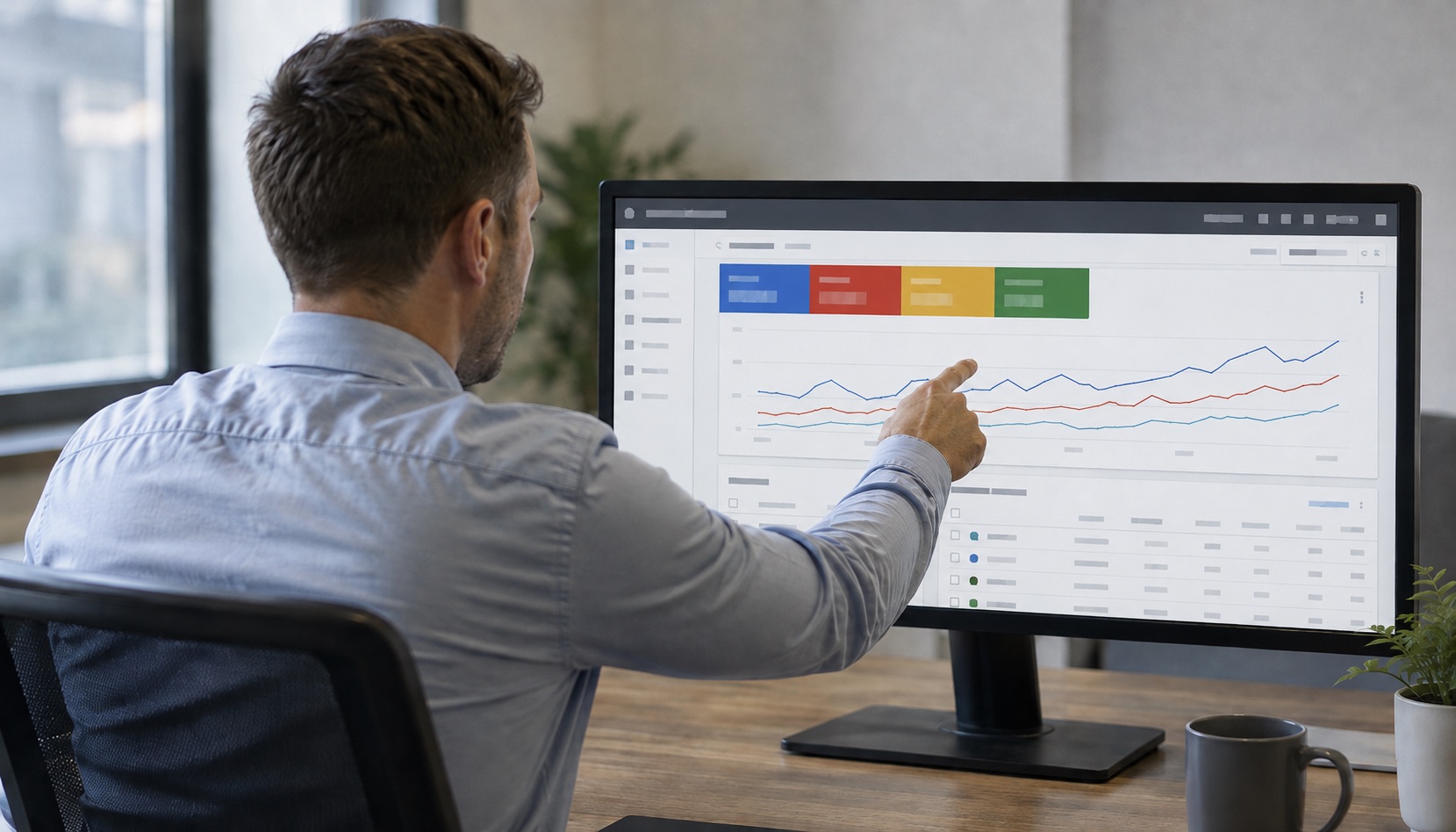 A man at a desk pointing at a monitor showing a dashboard with line charts, seen from behind.