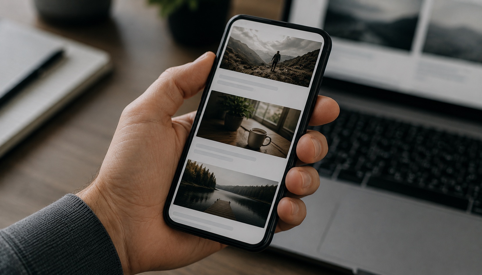 A hand holding a phone showing a scrolling feed of image posts, an open laptop out of focus behind it.
