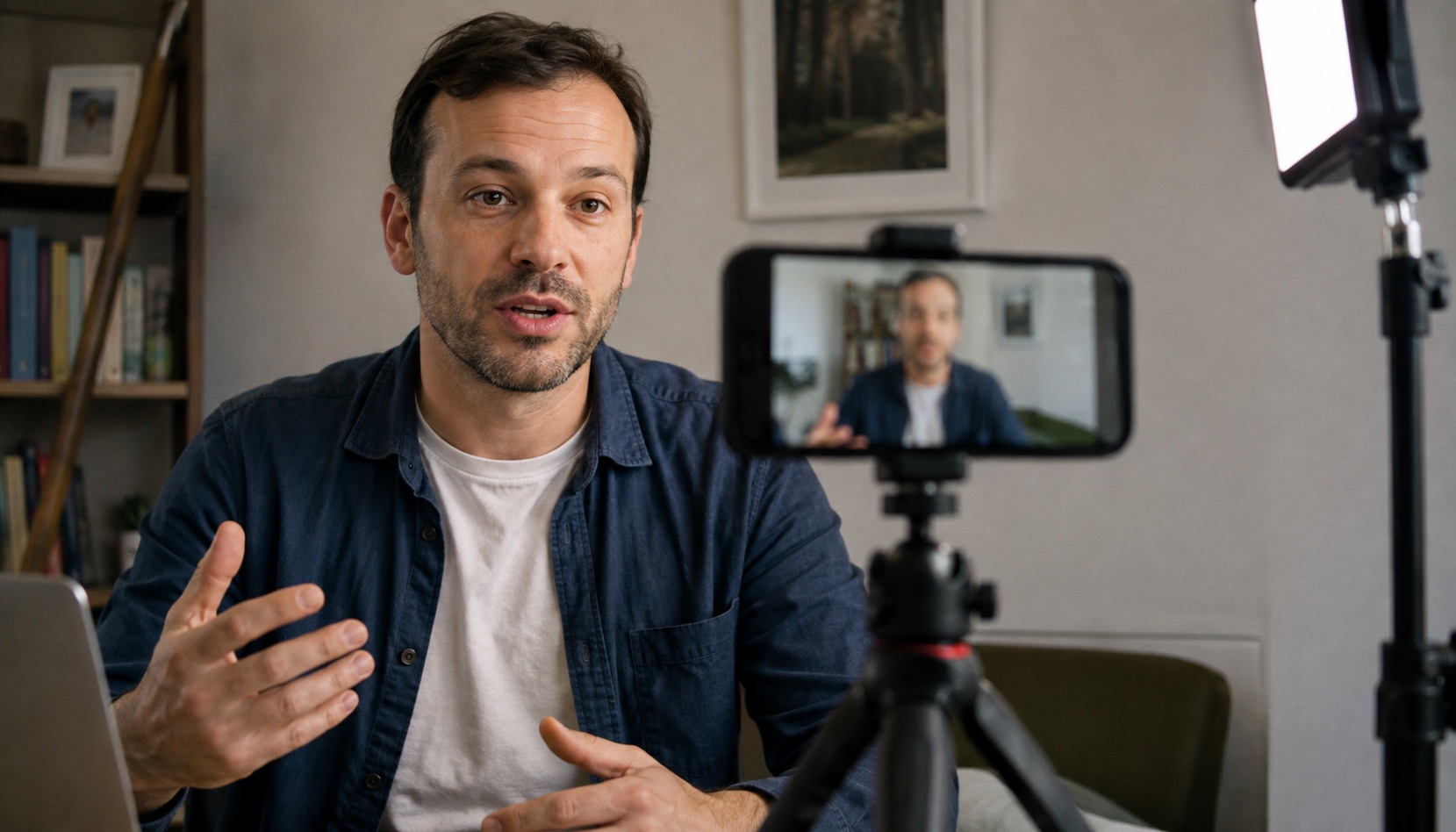 A man talking to camera while a phone on a small tripod films him, a lighting panel at the edge of the frame.