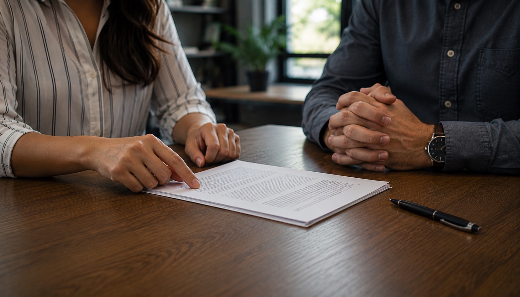 Two people at a desk with a printed multi-page document between them, one pointing at a line on the page. A pen rests on the desk.