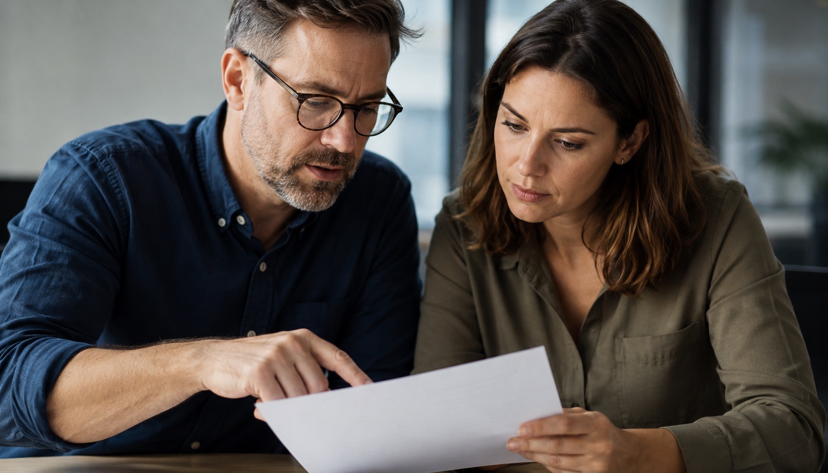 Two colleagues sitting at a table, one pointing at a printed document they are both reading.