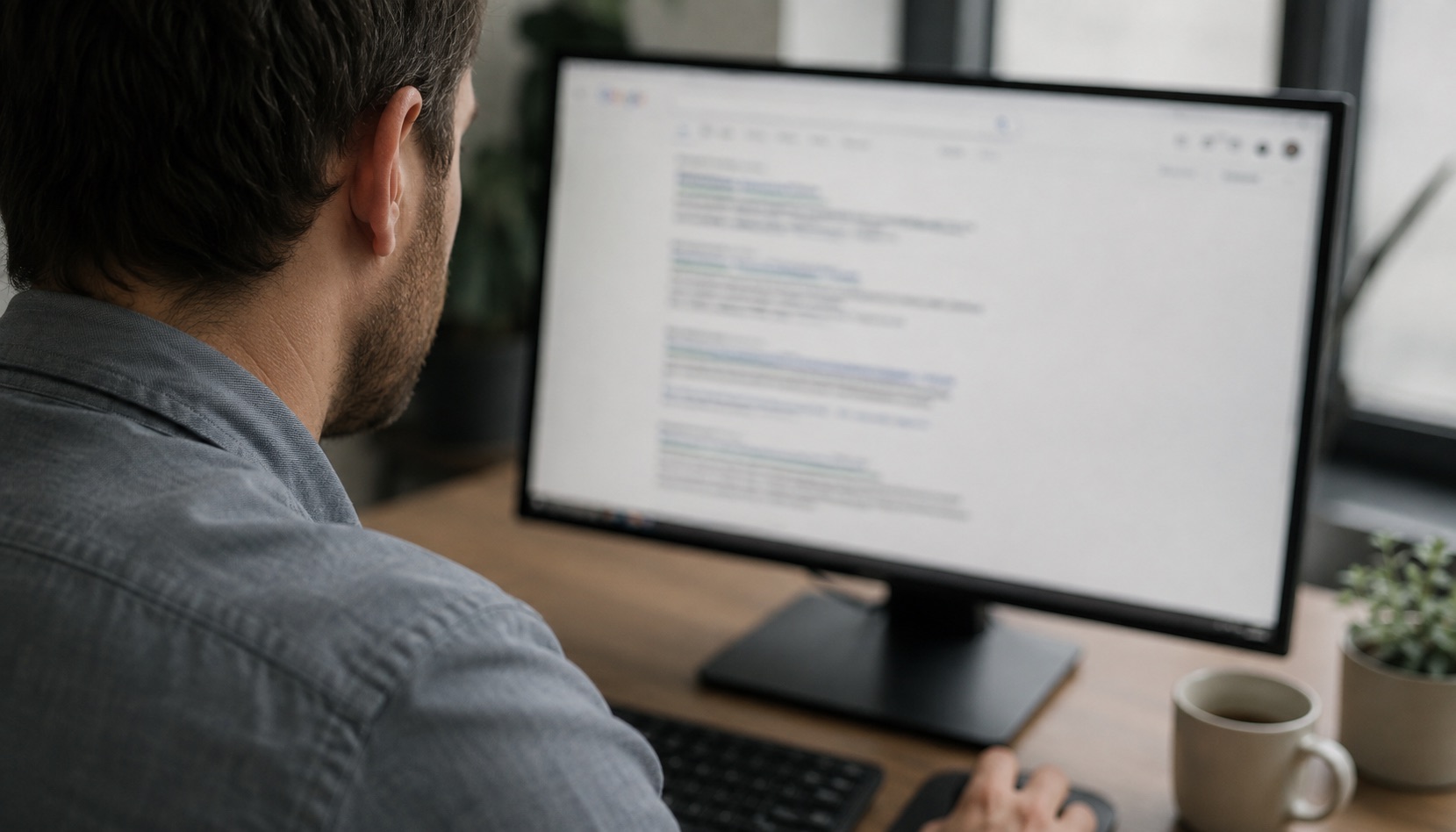 A man seen from behind at a desktop monitor showing a search results page.