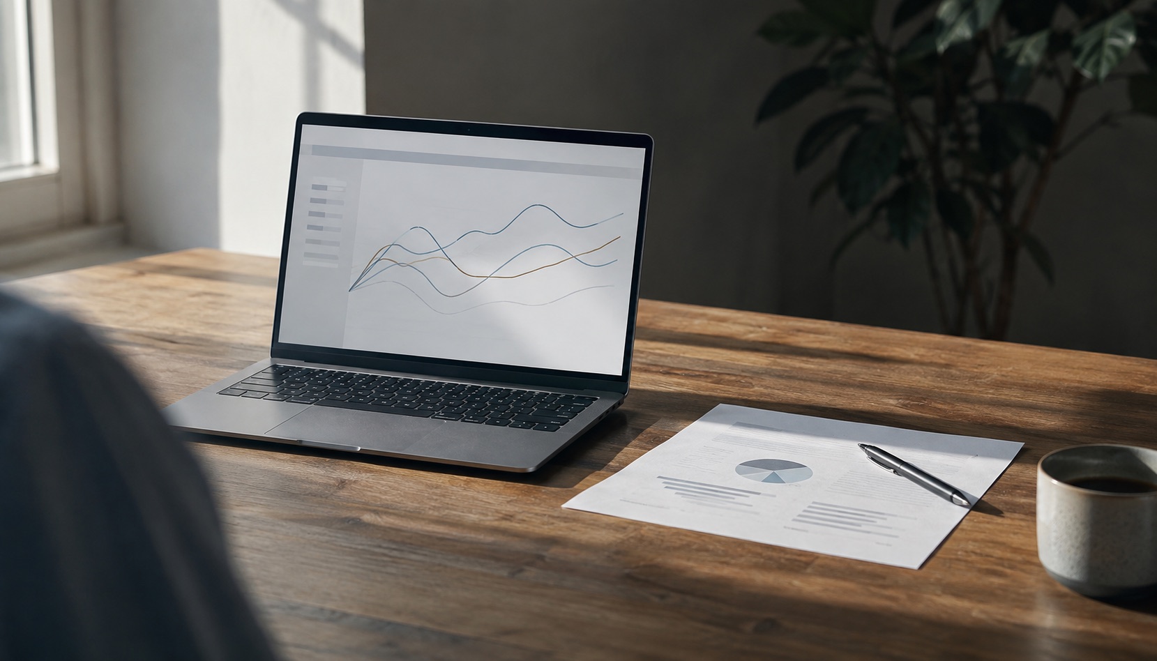 An open laptop on a wooden table showing a line chart, a printed page and pen beside it, in early morning light.