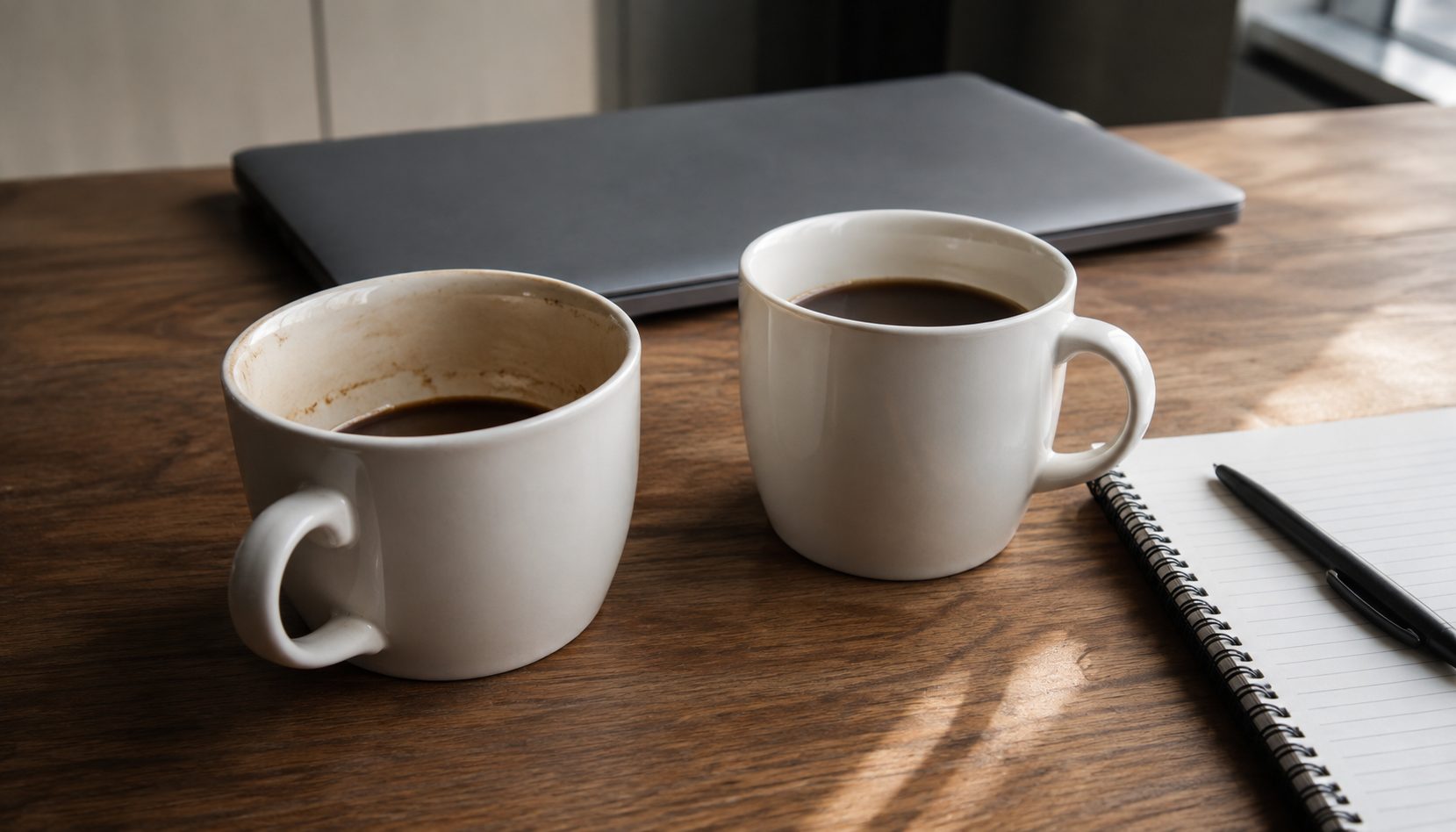 Two coffee cups on a wooden desk beside a closed laptop and an open notebook, in morning light.