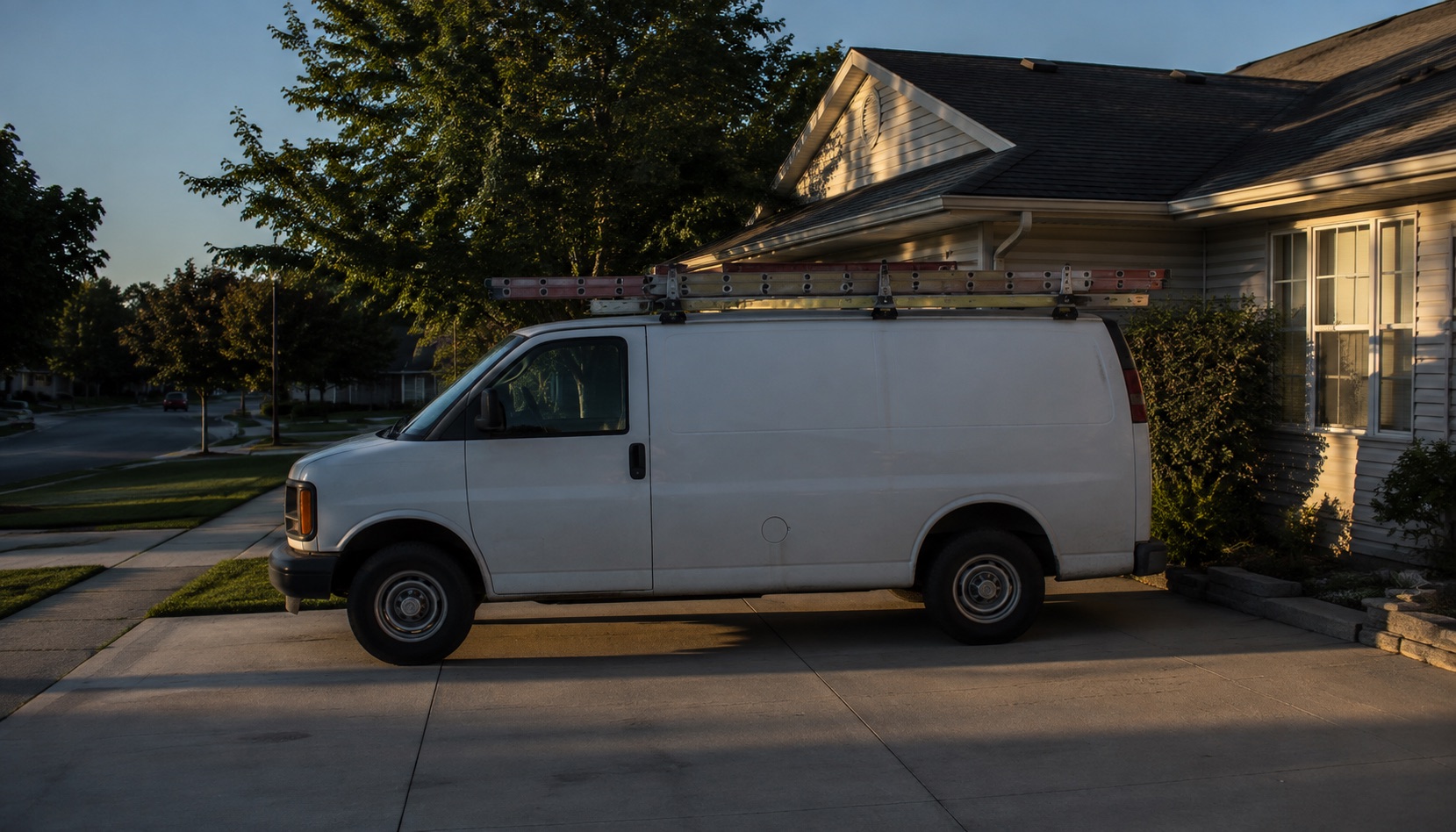 A white service van with a ladder on its roof rack, parked on a suburban driveway in late afternoon light.