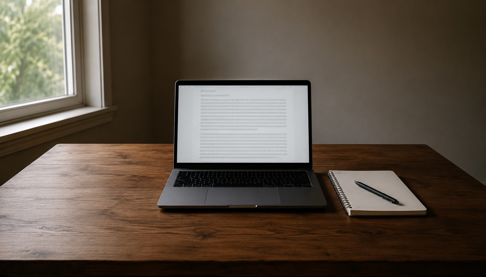 A laptop on a wooden desk showing a page of draft text, with a spiral notebook and pen beside it.