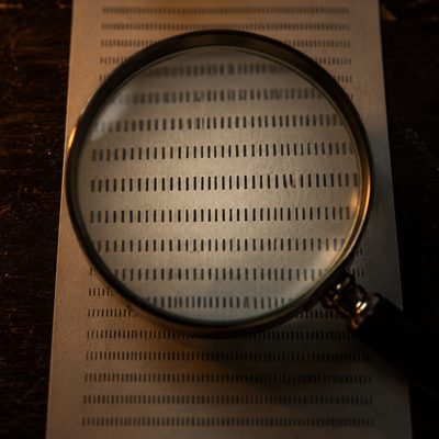 A magnifying glass on a dark desk enlarging one row of a printed list.