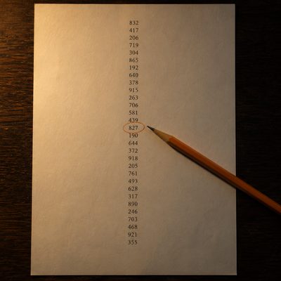 A printed page of figures on a dark desk, one number circled in orange pencil.