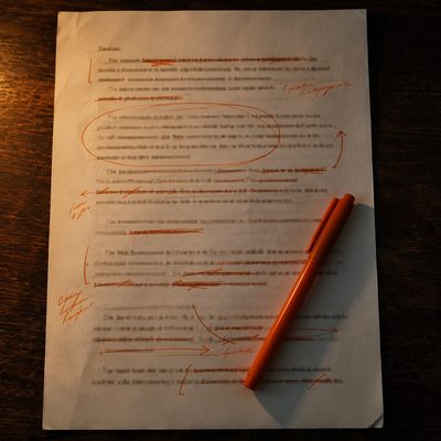 A printed page marked up in orange pen, with the pen resting across it.