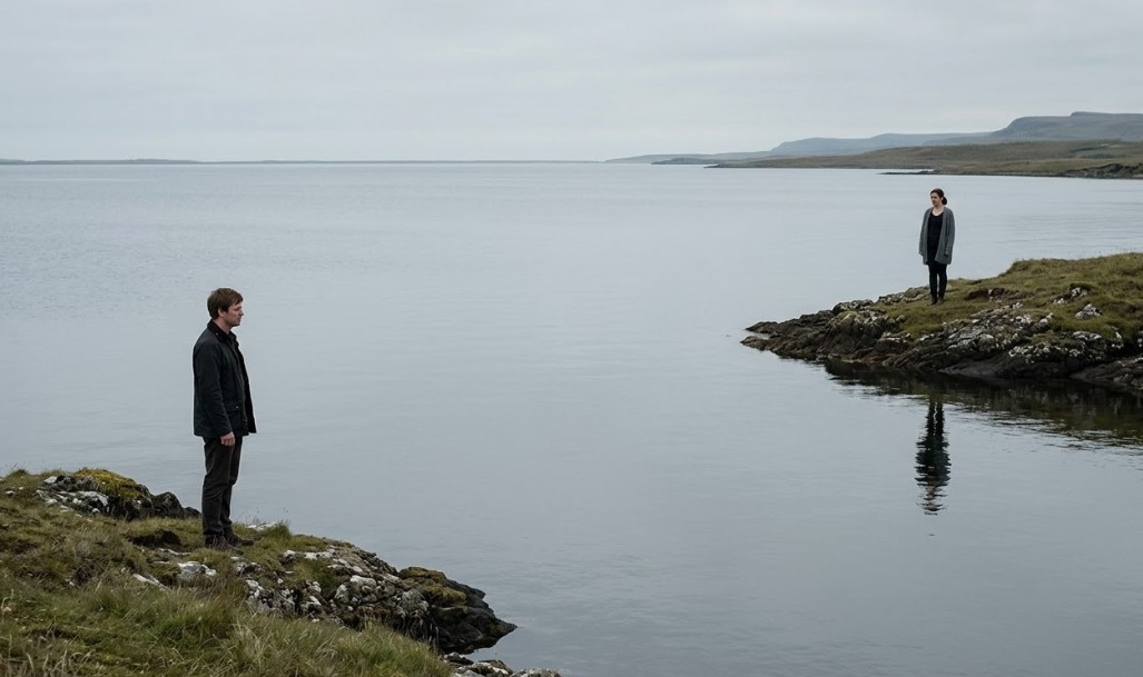 A man and a woman stand on separate rocky headlands, looking across a wide body of water.