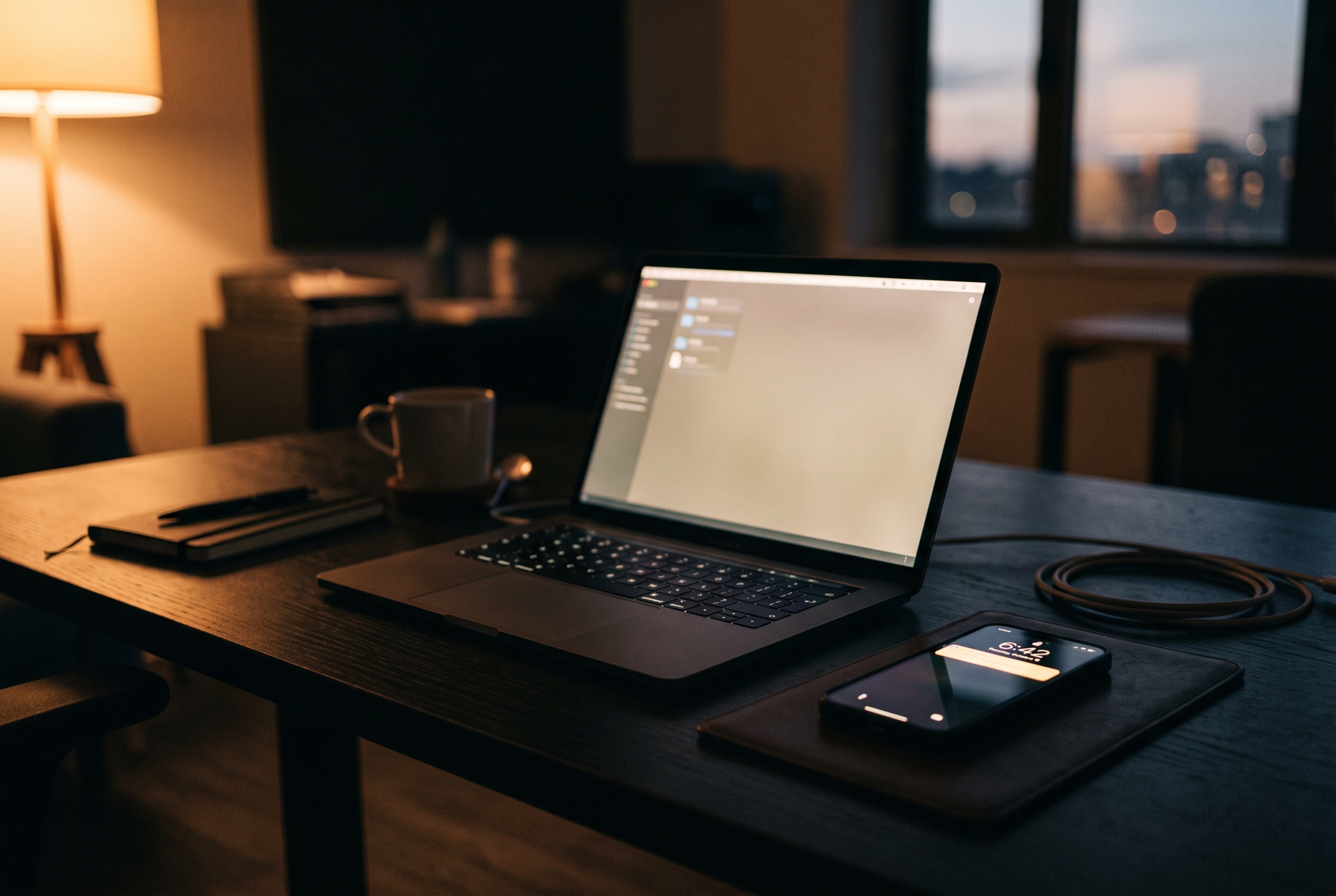 Empty desk with a glowing laptop and unread phone notification, symbolizing quiet employee disengagement at work Empty desk with a glowing laptop and unread phone notification, symbolizing quiet employee disengagement at work