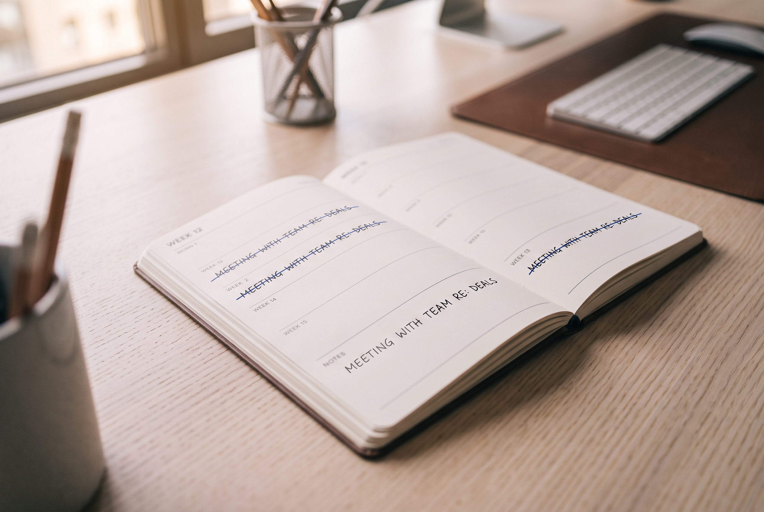Open desk planner with a crossed-out and rewritten entry, representing a follow-up conversation that kept getting deferred Open desk planner with a crossed-out and rewritten entry, representing a follow-up conversation that kept getting deferred