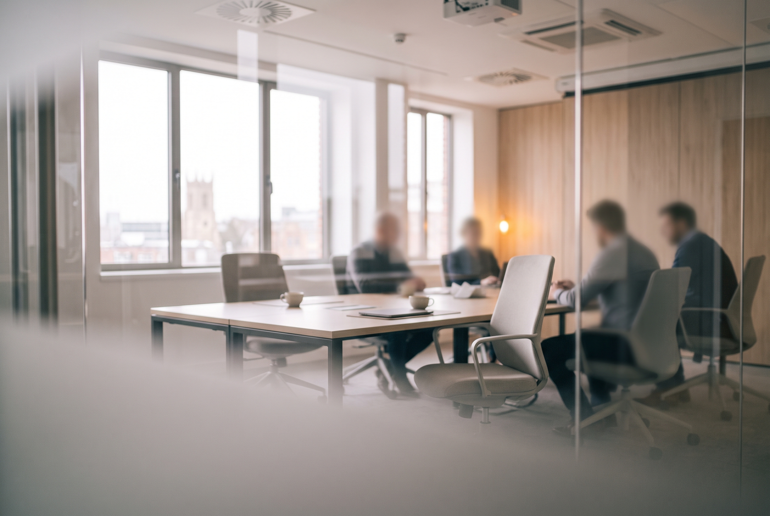 Empty chair at a conference table seen through glass, representing a meeting held without the employee Empty chair at a conference table seen through glass, representing a meeting held without the employee