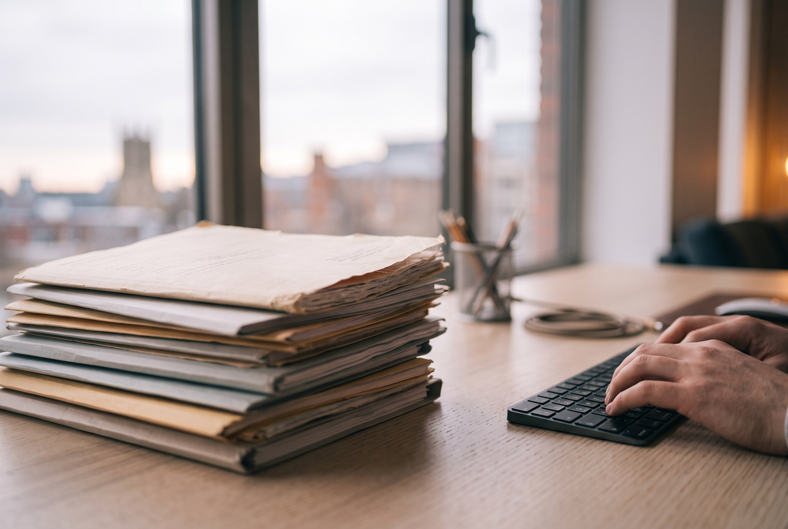 Stack of files beside hands mid-typing, representing extra work piled onto an employee after good performance Stack of files beside hands mid-typing, representing extra work piled onto an employee after good performance