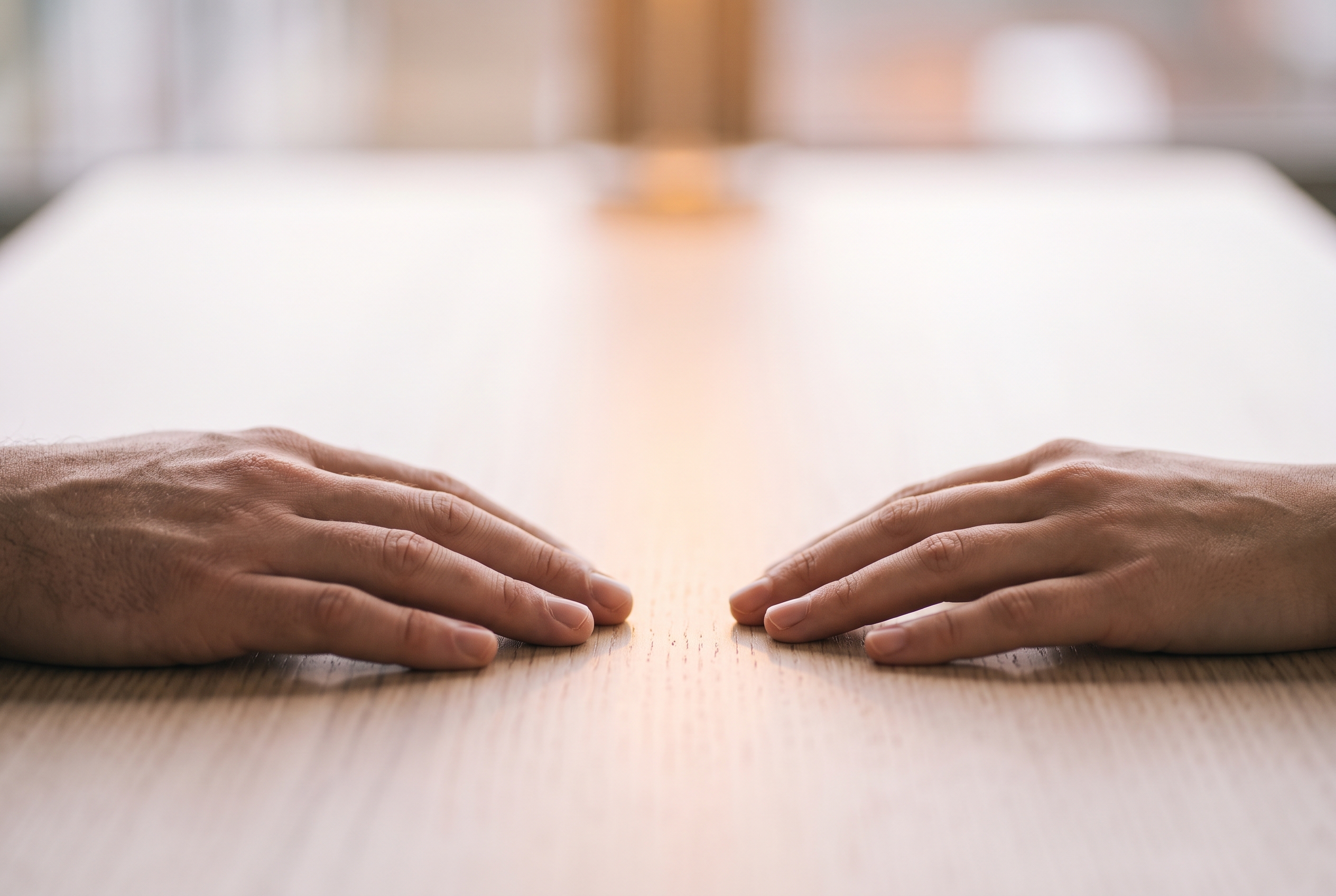 Two hands resting near each other on a table, representing the start of a repaired work conversation Two hands resting near each other on a table, representing the start of a repaired work conversation