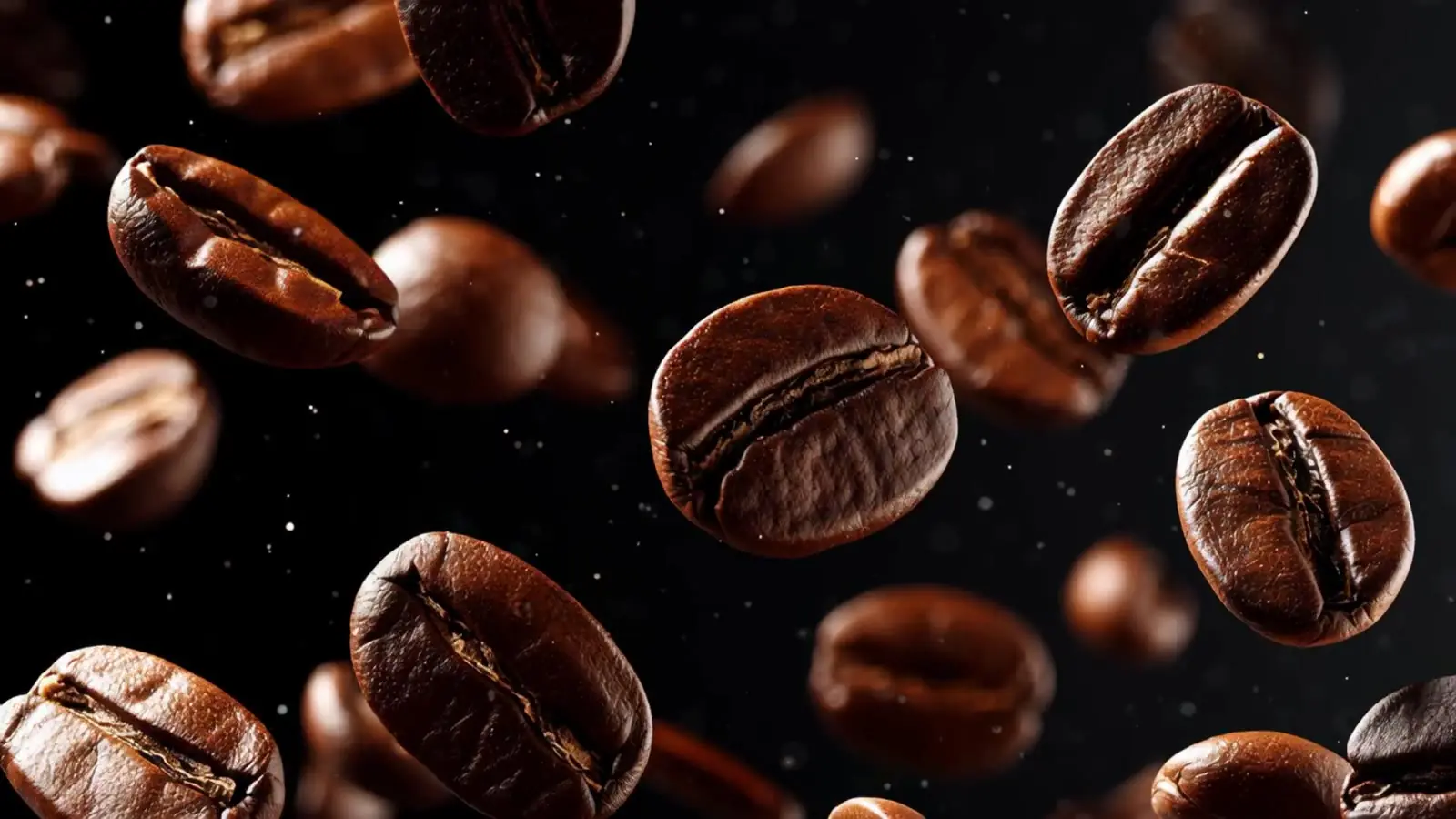 Roasted coffee beans floating against a dark background