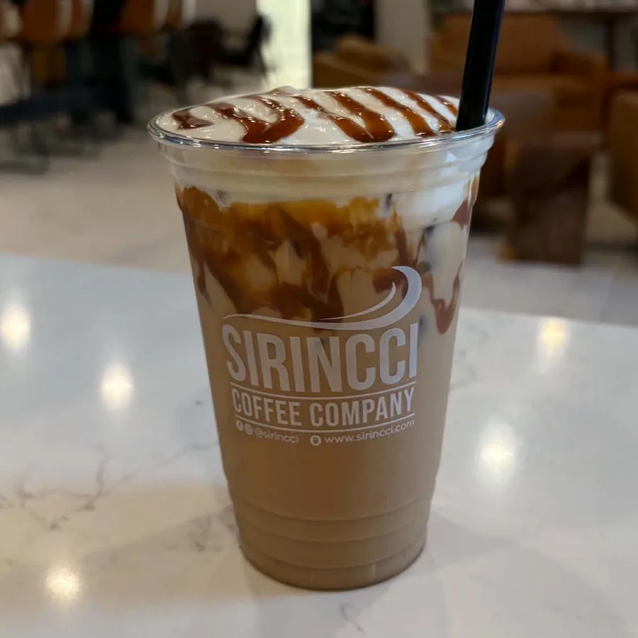 Iced Honey Bee Latte with caramel drizzle and sweet cream at Sirincci Coffee in Slidell, LA