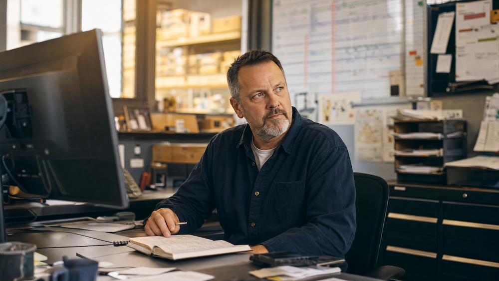 Small-business owner pauses at his workshop desk, considering a customer interaction.