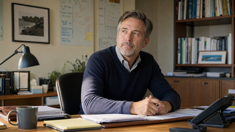 A small-business owner pauses at his desk, hands clasped, looking up from his work with a thoughtful expression.