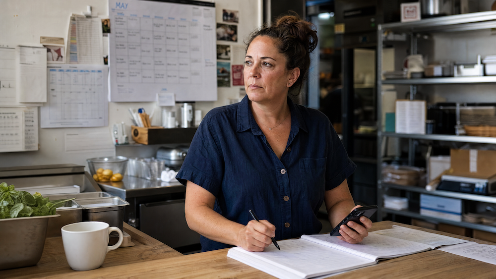 A small-business owner pauses over her notebook and phone at the counter of her restaurant kitchen, a monthly schedule pinned to the wall behind her — the near-term grind against the long view of what the business is worth.