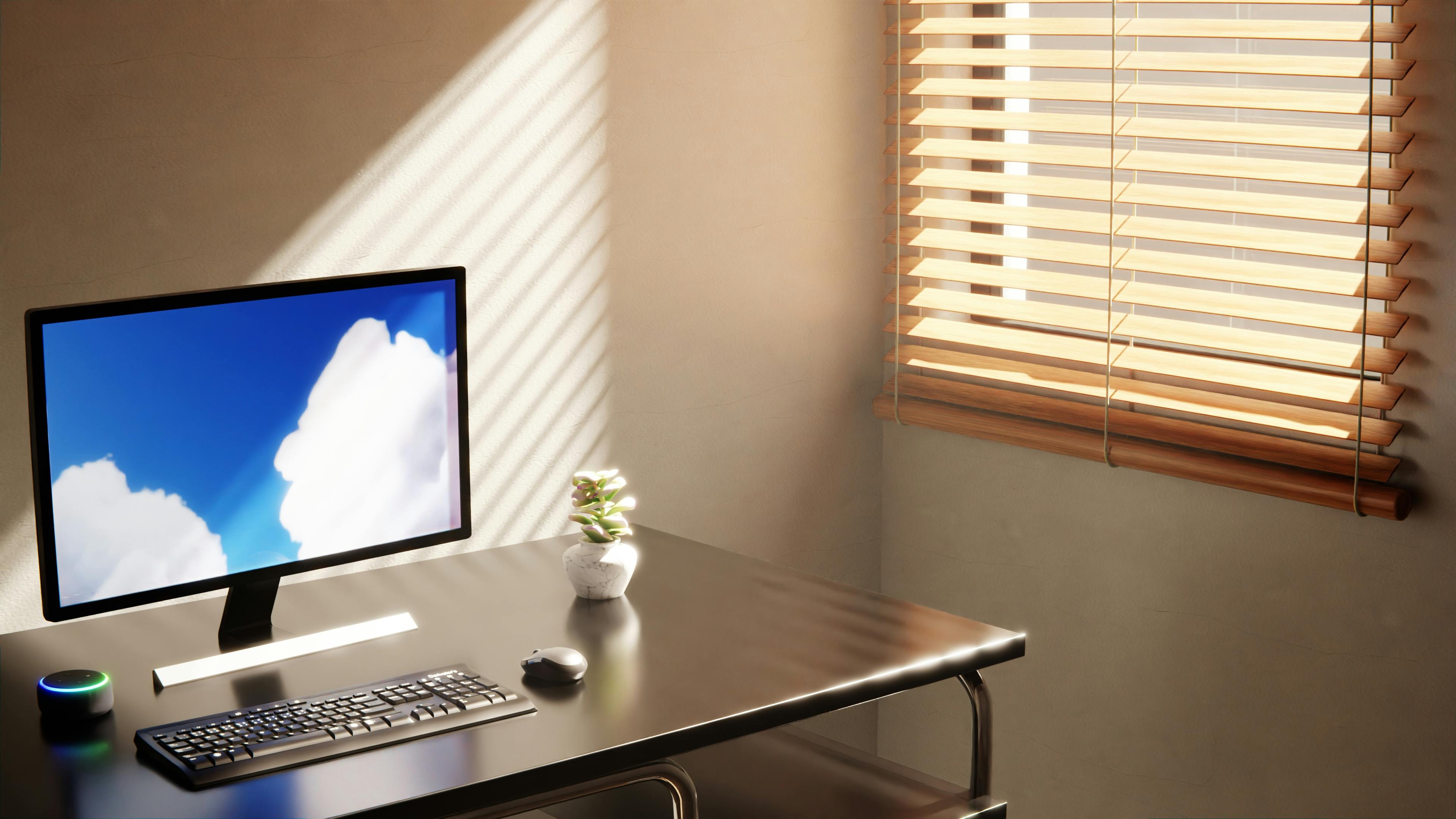 A clean, minimal desktop workspace with a single monitor and organised desk, representing the streamlined result of a successful AI stack consolidation and cleanup