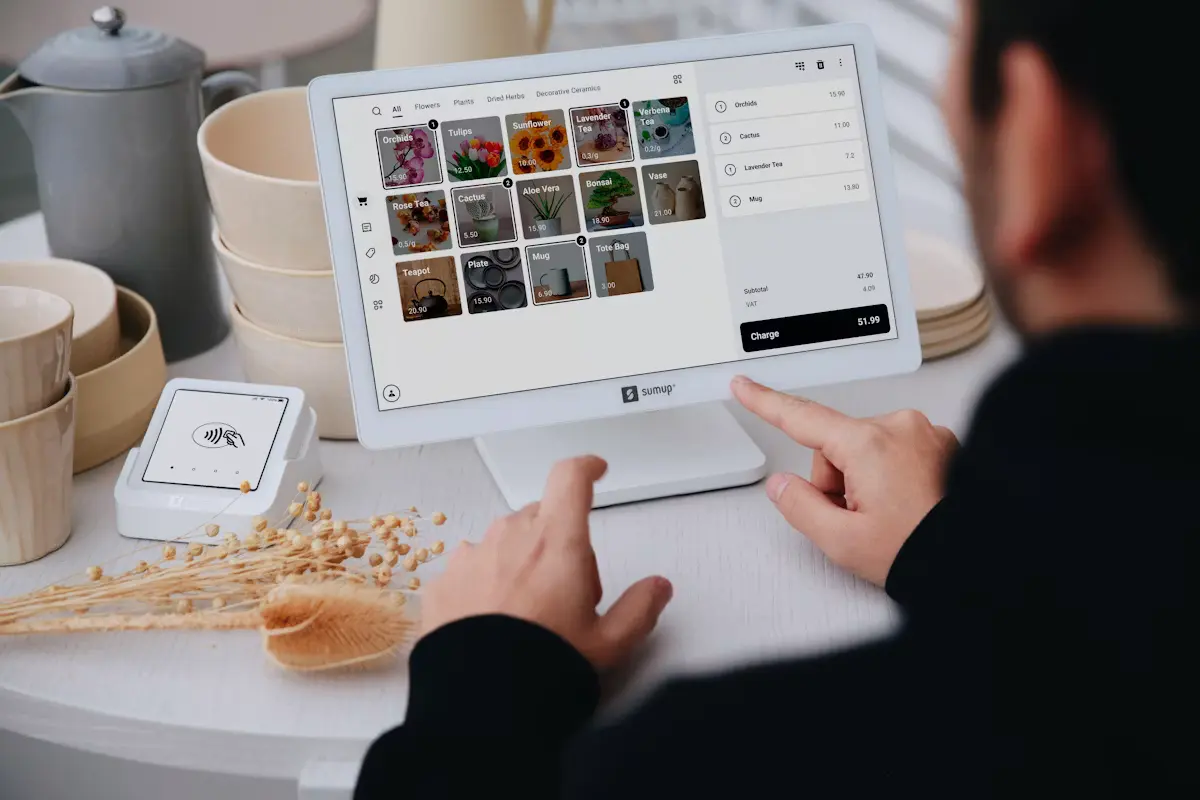 A small retail business owner uses a tablet-based point-of-sale checkout system, representing AI and automation layered onto existing operations