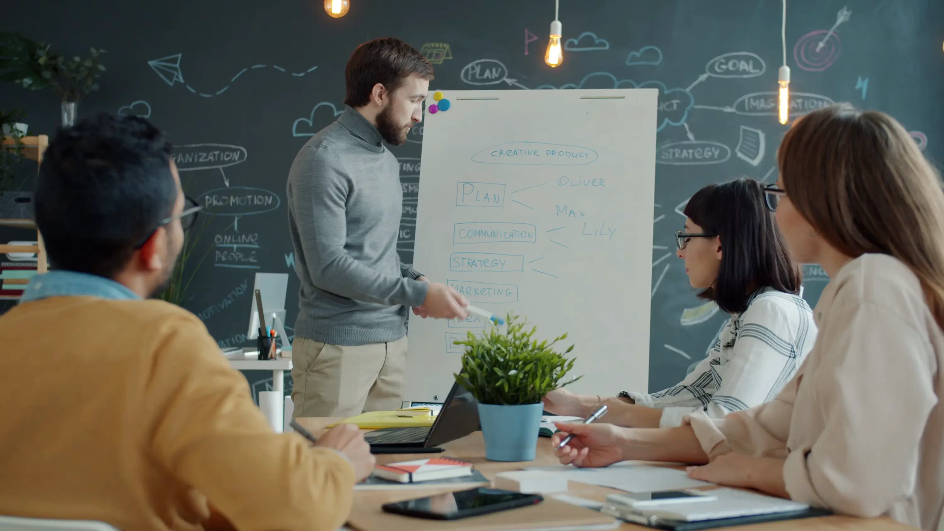 A presenter at a whiteboard walks a small seated team through a planning outline