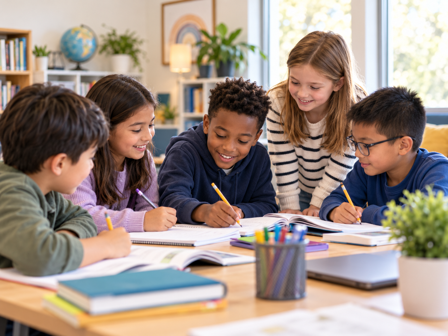 Small group of students collaborating around a table in a supportive learning environment