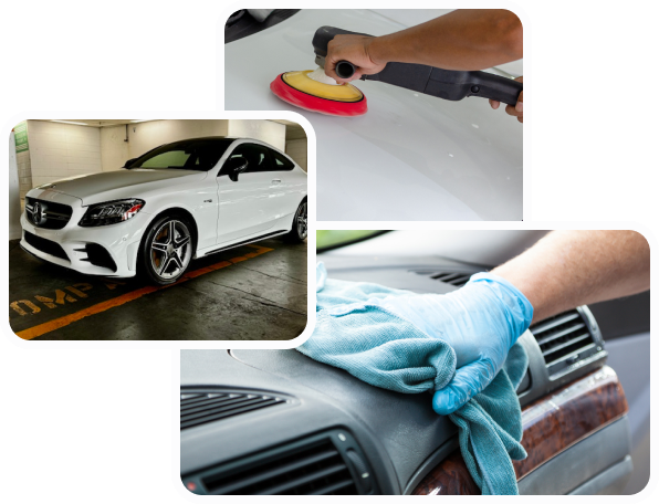 Collage of auto detailing services: A man polishing the exterior of a car, wiping a car, and a car in an auto detailing shop