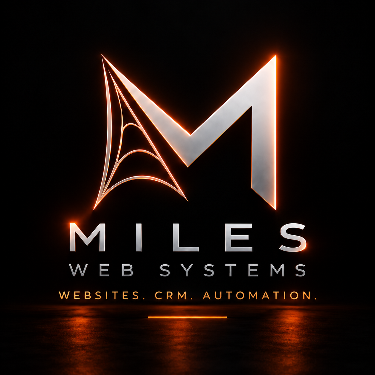 Miles Web Systems — silver M with orange web geometry; websites, CRM and automation