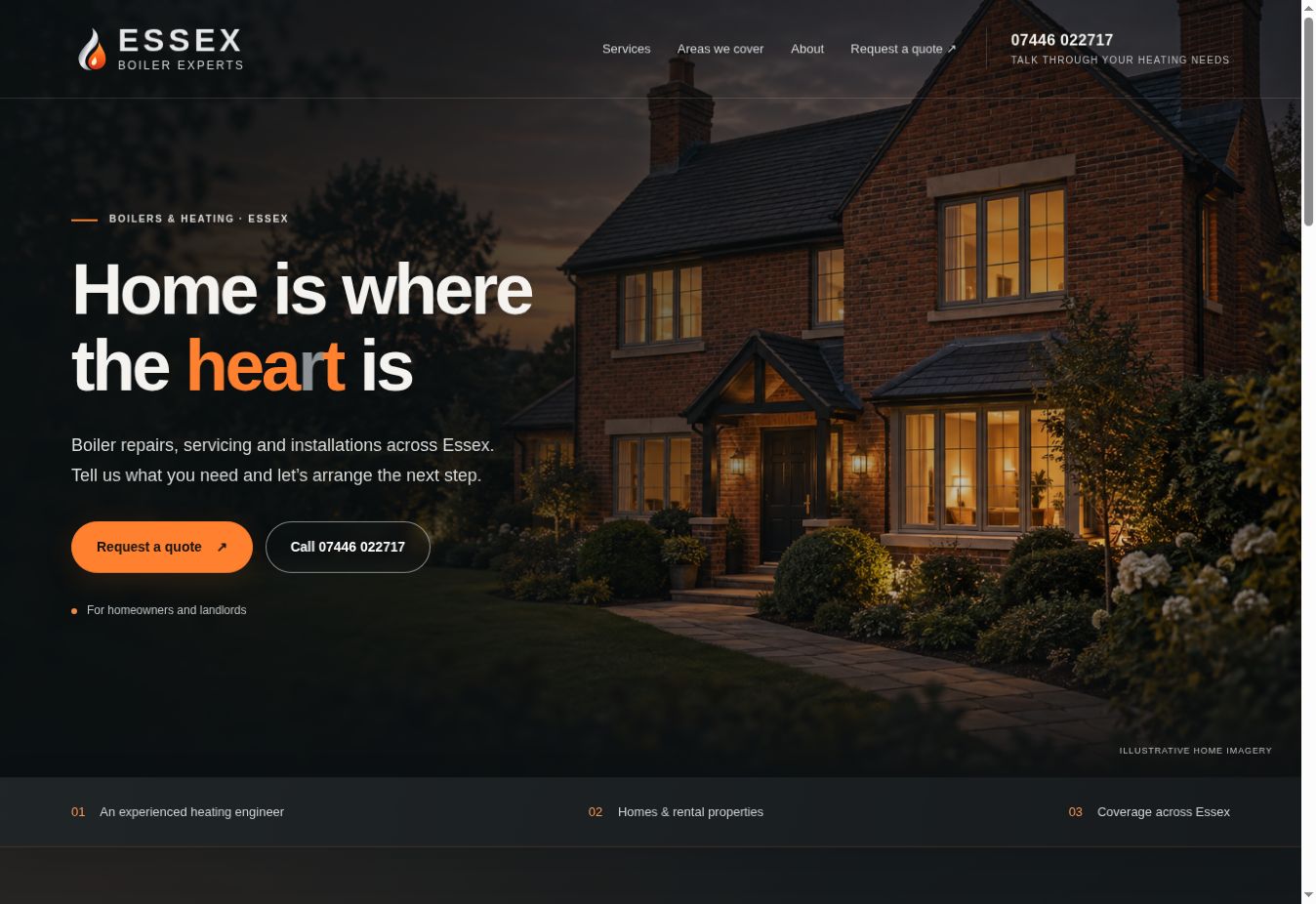Essex Boiler Experts live homepage showing its authentic orange brand and heating services